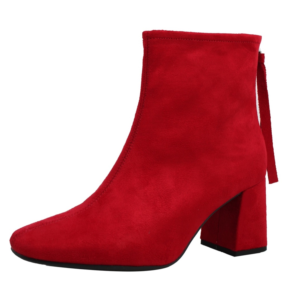 Red Faux Suede Tassel Square Toe Ankle Bootie